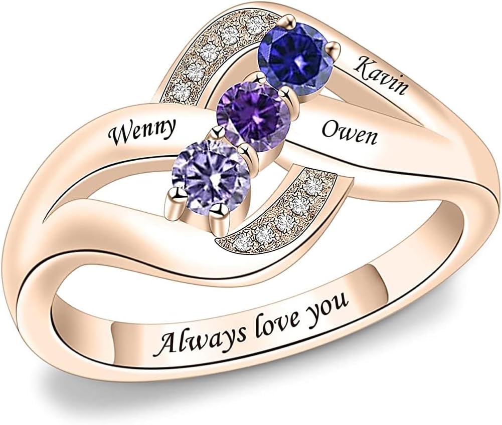 Mothers Day Gifts for Mom Women 10K 14K 18K Solid Gold Mother Rings for Women Personalized Mother Daughter Ring with 3 Simulated Birthstones and Names Customized Gold Engraved Family Name Rings for Mother Grandmother Women Wife Birthday Mother's Day Gift