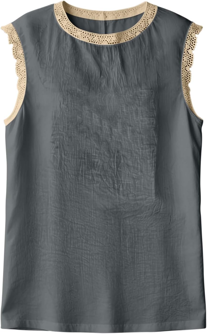 Women's Cotton Linen Tank Tops Lace Trim Crew Neck Sleeveless Blouses Dressy Casual Solid Loose Boho Vacation Shirts
