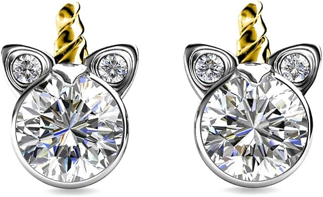 Silver Small Unicorn Stud Swarovski Crystal Earrings with Gold Horn - Rhodium and 18ct Gold Plated for Girl's Birthday or Christmas Gift
