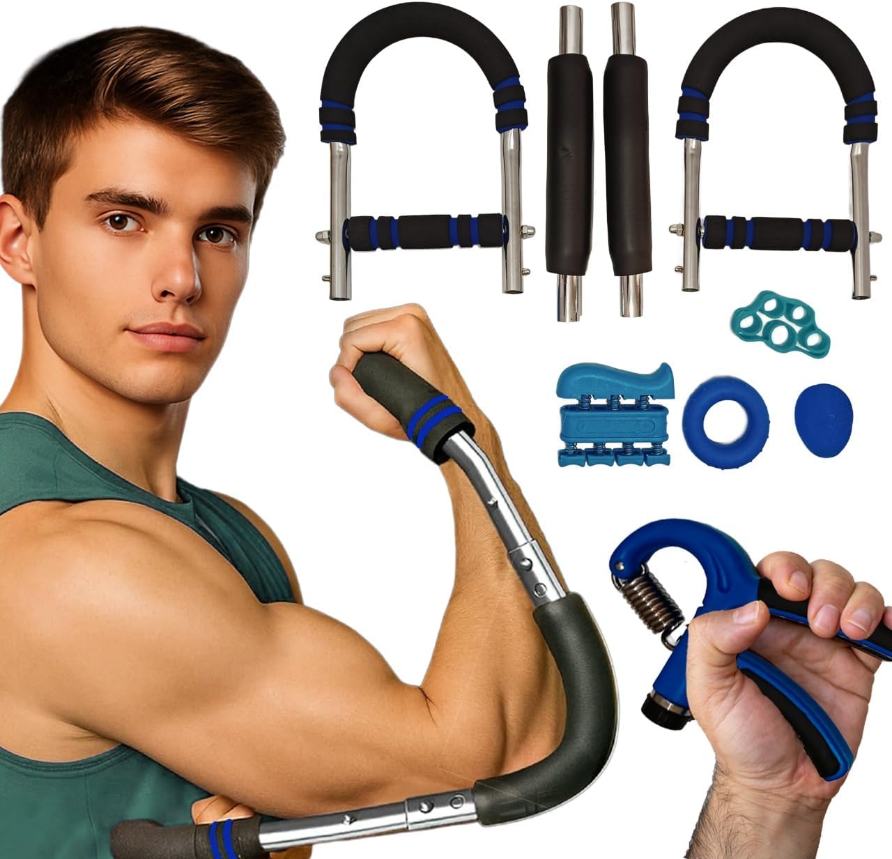 Power Twister Adjustable Arm Trainer (30–160 LB) + Hand Grip Rehabilitation Kit (5 PCS) – Portable Chest, Arm & Upper Body Strength Training Equipment for Men & Women