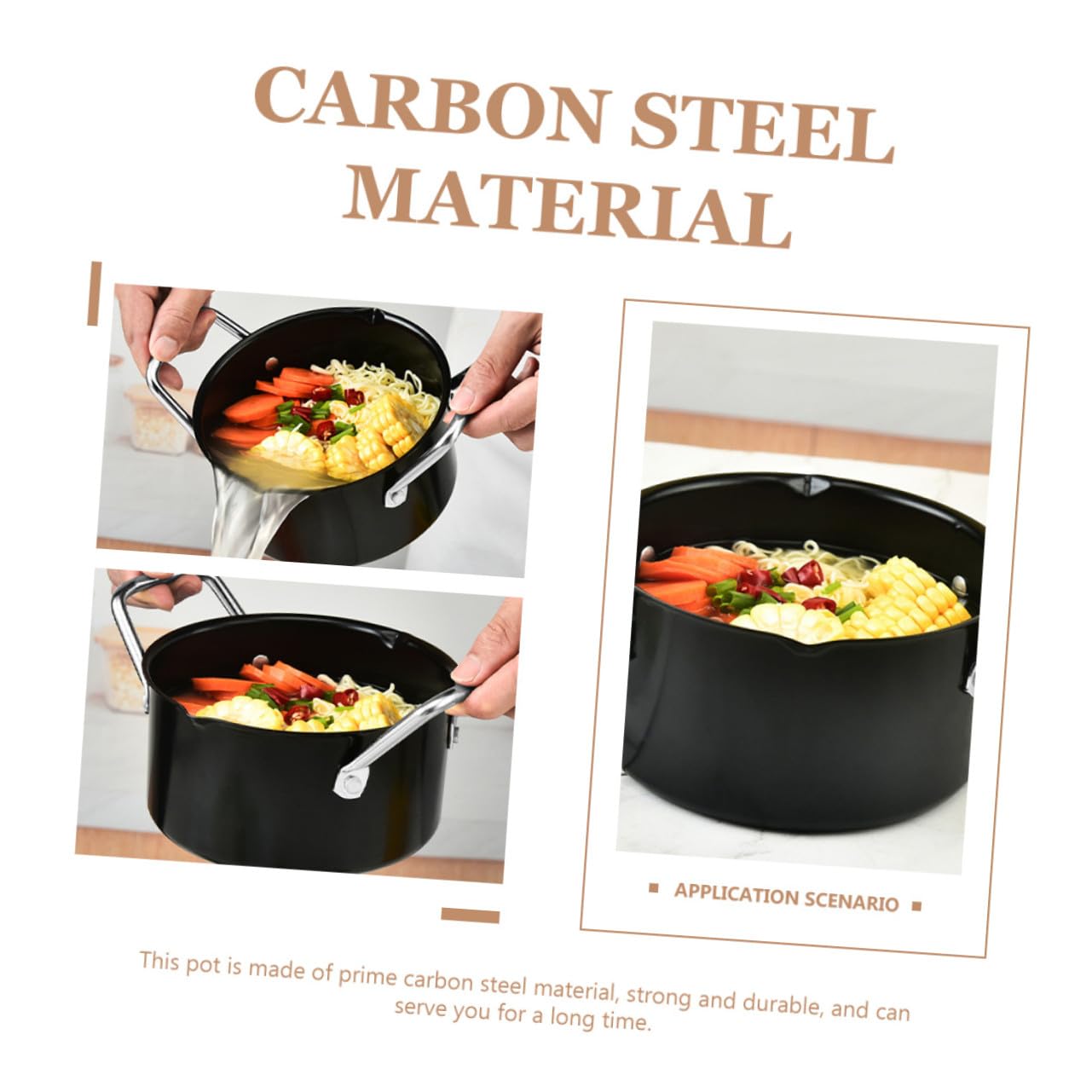 UKCOCO Olla de Acero al Carbono Gruesa Asa, para Guisar y Salsa Barbacoa, Uso en Cocina del Hogar y Picnic, Negra