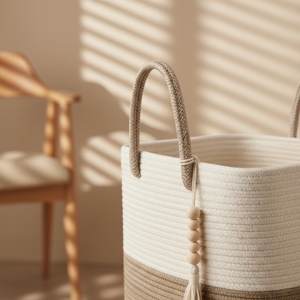 80L Tall Woven Laundry Hamper – Large Foldable Storage Basket with Handles for Clothes, Blankets, Toys, Bathroom, Living Room, Nursery Decor