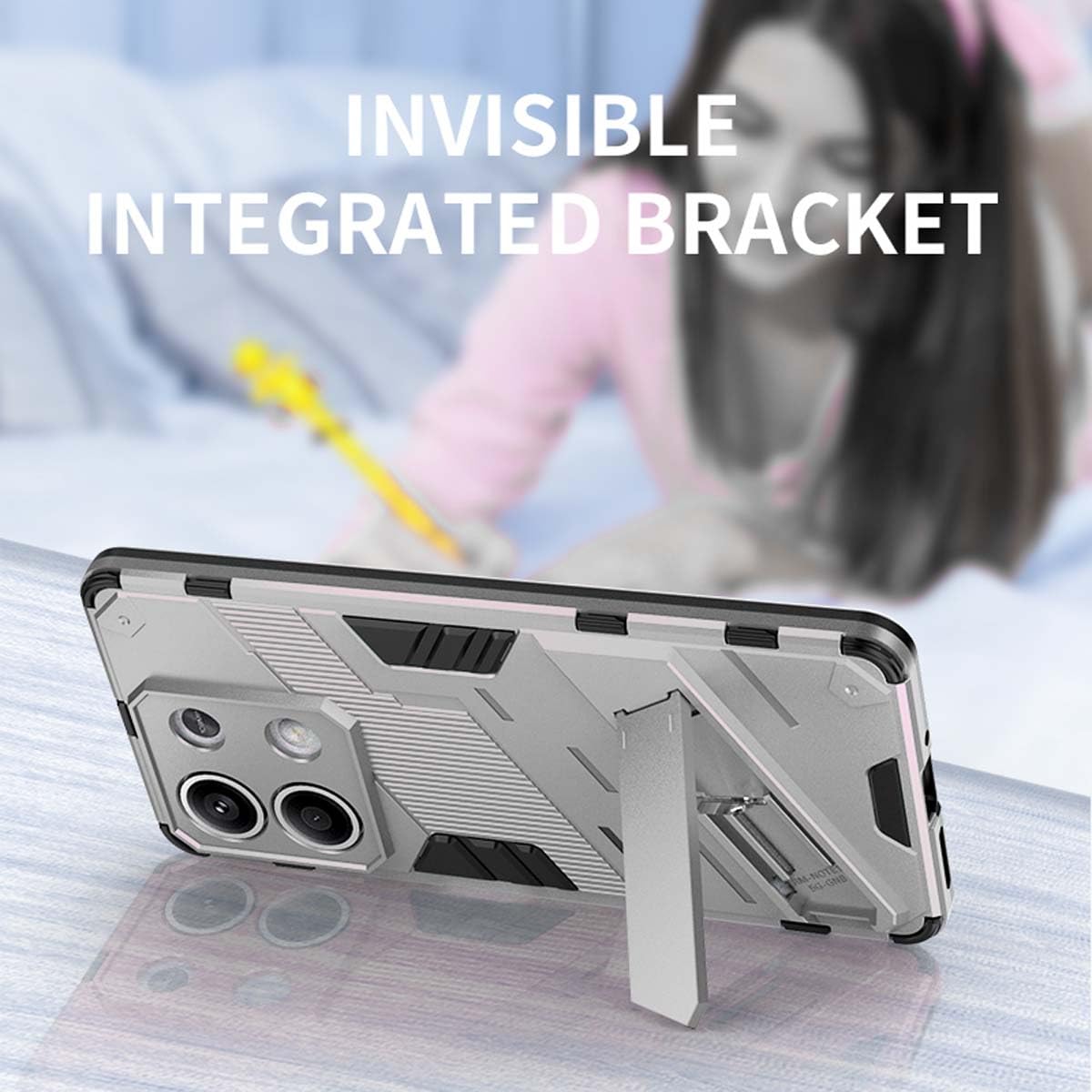 PEIYE Cover per Xiaomi Redmi Note 13 Pro Plus 5G (Pro+), Custodia Armor Antiurto con Silicone Morbido e Bumper in PC Rigido, Protezione Antiscivolo con Supporto Pieghevole, Case, Nero