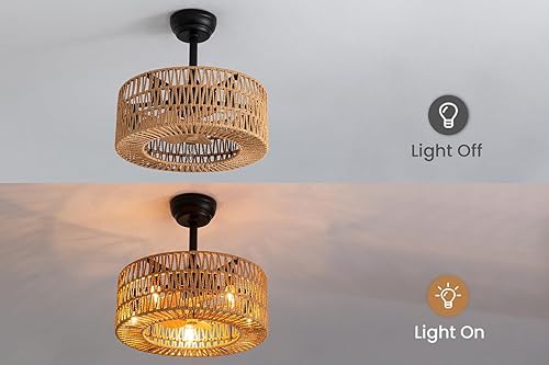 Miniatura 8 de Ventilador de techo bohemio enjaulado con luz, ventilador de techo de ratán de 18 pulgadas con luz, candelabro bohemio, lámpara de granja de bajo