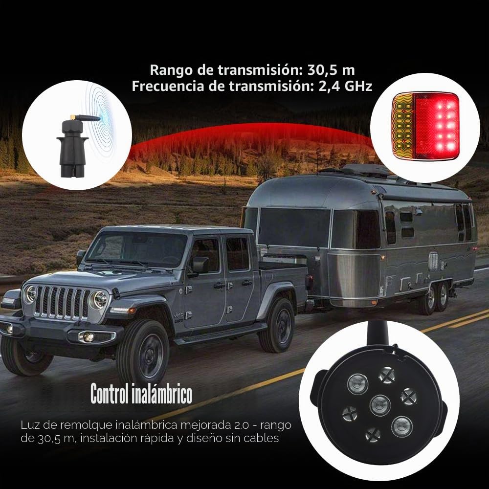 Luces Traseras para Remolque Inalámbricas Magnéticas, Luces Traseras para Remolque con Enchufe de 7 Pines, 12-24V 5 Funciones, para Barco Camión RV Pickup Camper Caravana