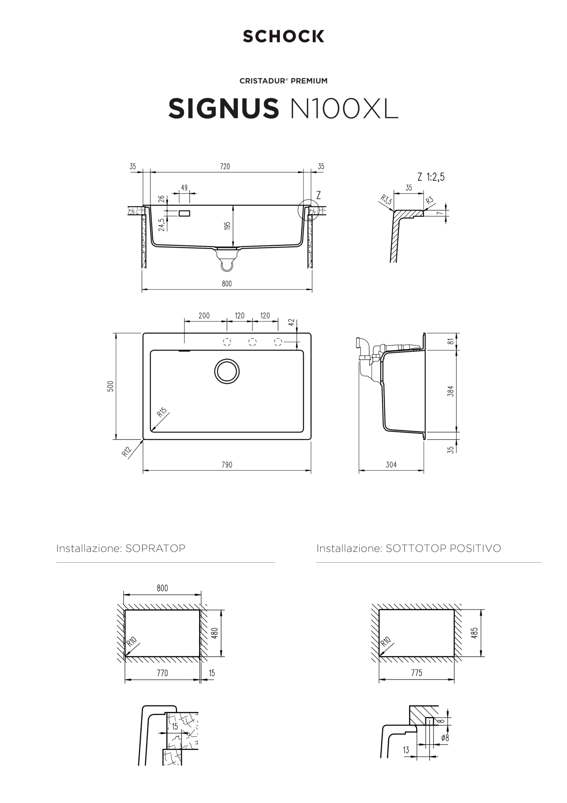 SCHOCK | Lavello Cucina Primus N100XL 1 Vasca XL con banco Rubinetteria, Materiale Cristalite®, Antracite, 790x500mm