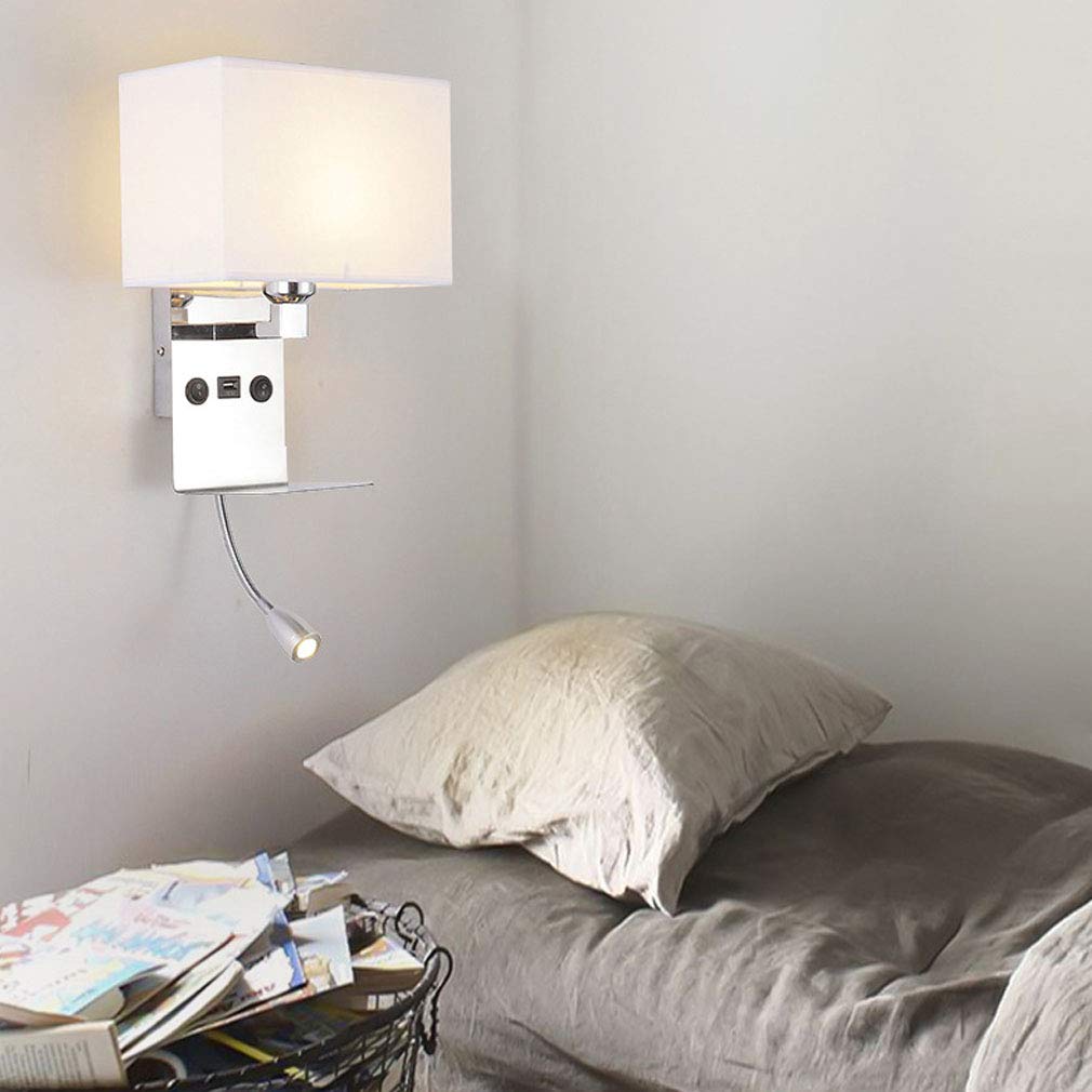 Nowoczesna lampa ścienna z portem USB i 3 W LED regulowana ciepła biała lampa do czytania, oświetlenie materiałowe, gniazdo E27, przy łóżku, 2 przełączniki, stylowa do sypialni (biała)