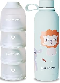 Happymami Unterwegs-Set: Baby-Thermosflasche 500ml & Milchpulver-Portionierer - Baby Erstausstattung - Auslaufsicheres Fütterungsset, BPA-frei & Warmhaltend (Personalisiert)