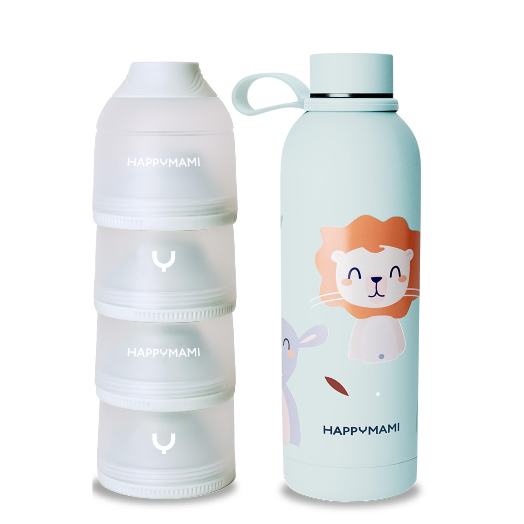 Happymami Unterwegs-Set: Baby-Thermosflasche 500ml & Milchpulver-Portionierer - Baby Erstausstattung - Auslaufsicheres Fütterungsset, BPA-frei & Warmhaltend (Personalisiert)