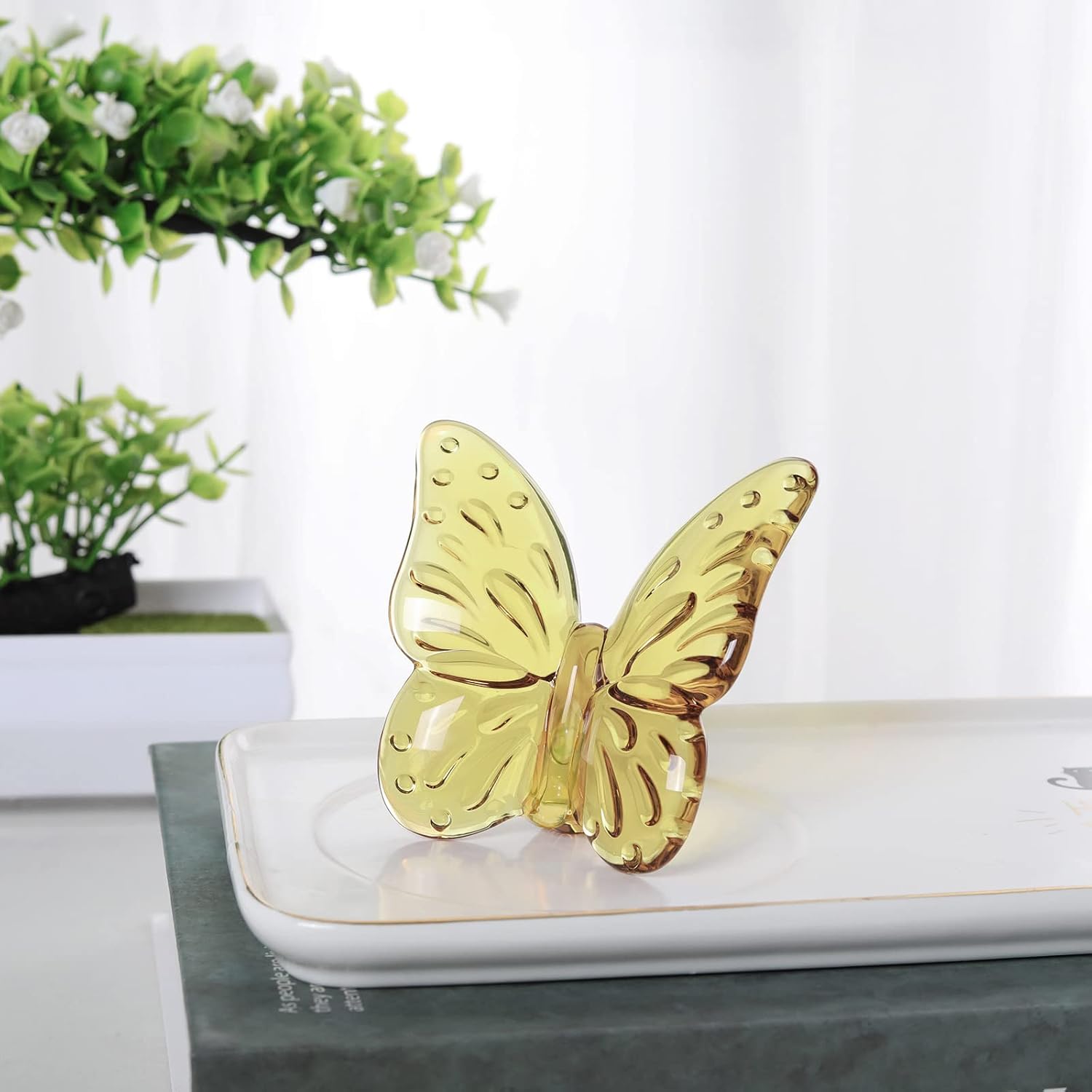 WEISIPU Crystal Butterfly Figurine Collectibles, Crystal Glass Ornament Statue for Home Office Paperweight Table Decoration - Yellow image 2