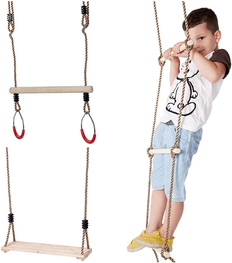 IFOYO Wooden Climbing Rope Ladder for Kids, Wooden Trapeze Bar with Rings, Wooden Swing Set for Tree Outside Backyard