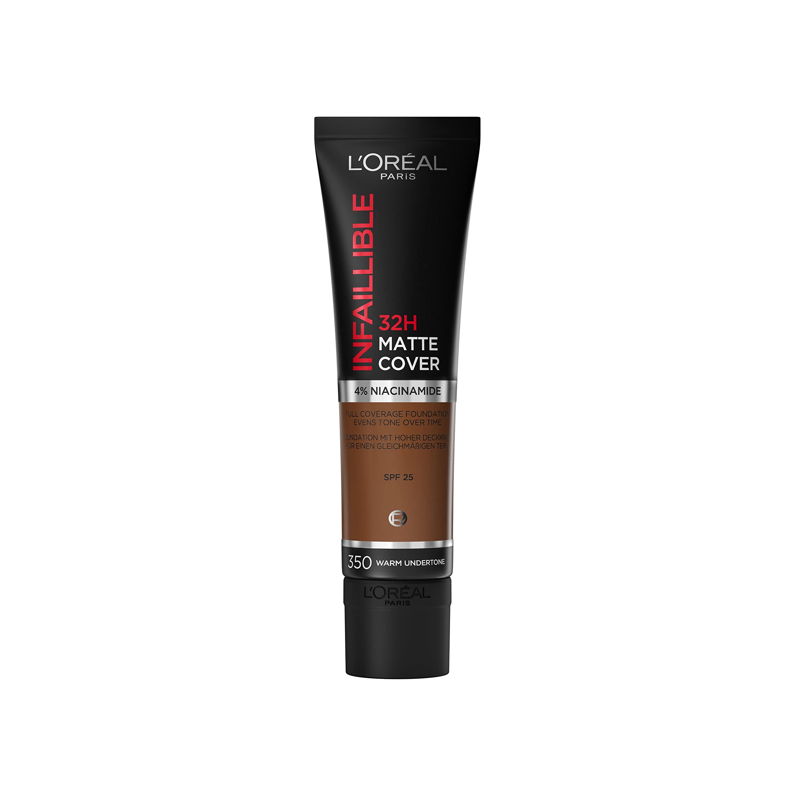 L'Oréal Paris Infaillible 32H Matte Cover Foundation 350, langanhaltendes flüssig-Make-up mit warmem Unterton, hohe Deckkraft, Formel mit 4% Niacinamiden, wasser- und wischfest, 1 x 30ml