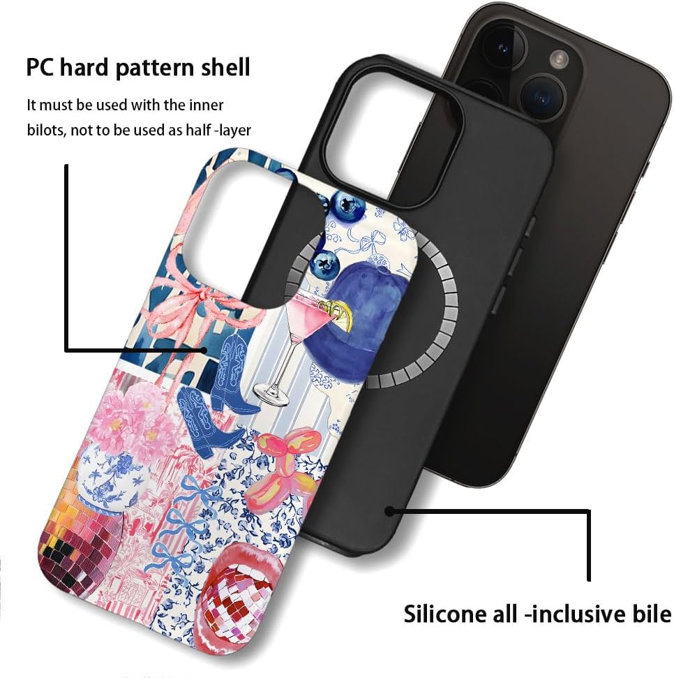 Case Compatible with iPhone 15 Pro Max,Compatible with MagSafe,Fall Prevention Hybrid 2-Layer Hard Shell Cases for Girls Boys,Bow Boot Disco Lip Collage image 2