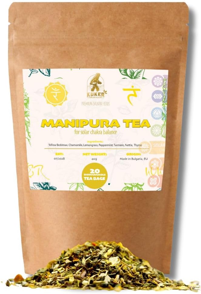 Manipura Chakra Tea for Balance of Solar Plexus Chakra with Nettle Leaf Tea, Turmeric, Chamomile Herb, Peppermint & Thyme Blend - Calm Tea & Relaxing Tea - 20 Herbal Tea Bags, 30g
