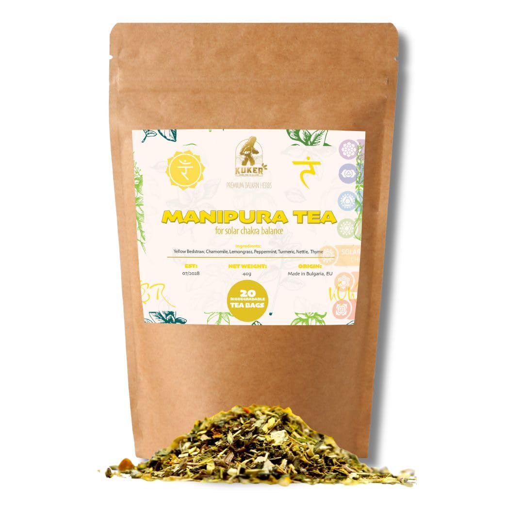 Manipura Chakra Tea for Balance of Solar Plexus Chakra with Nettle Leaf Tea, Turmeric, Chamomile Herb, Peppermint & Thyme Blend - Calm Tea & Relaxing Tea - 20 Herbal Tea Bags, 30g