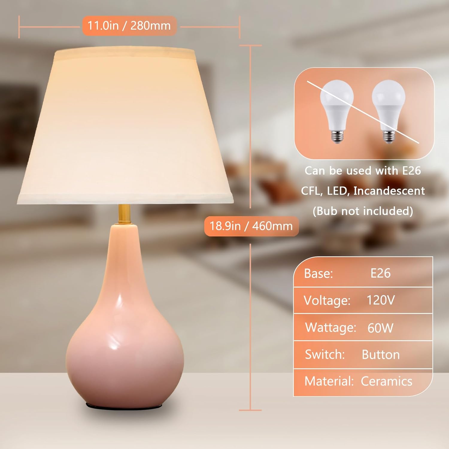 Pink Table Lamp Set of 2, Ceramic Nightstands Lamps for Bedside, Cute Decro for Girls Room, Small Modern Night Stand Lamp, Classic Beside Lamps for Bedroom,Living Room End Tables 2 Pack