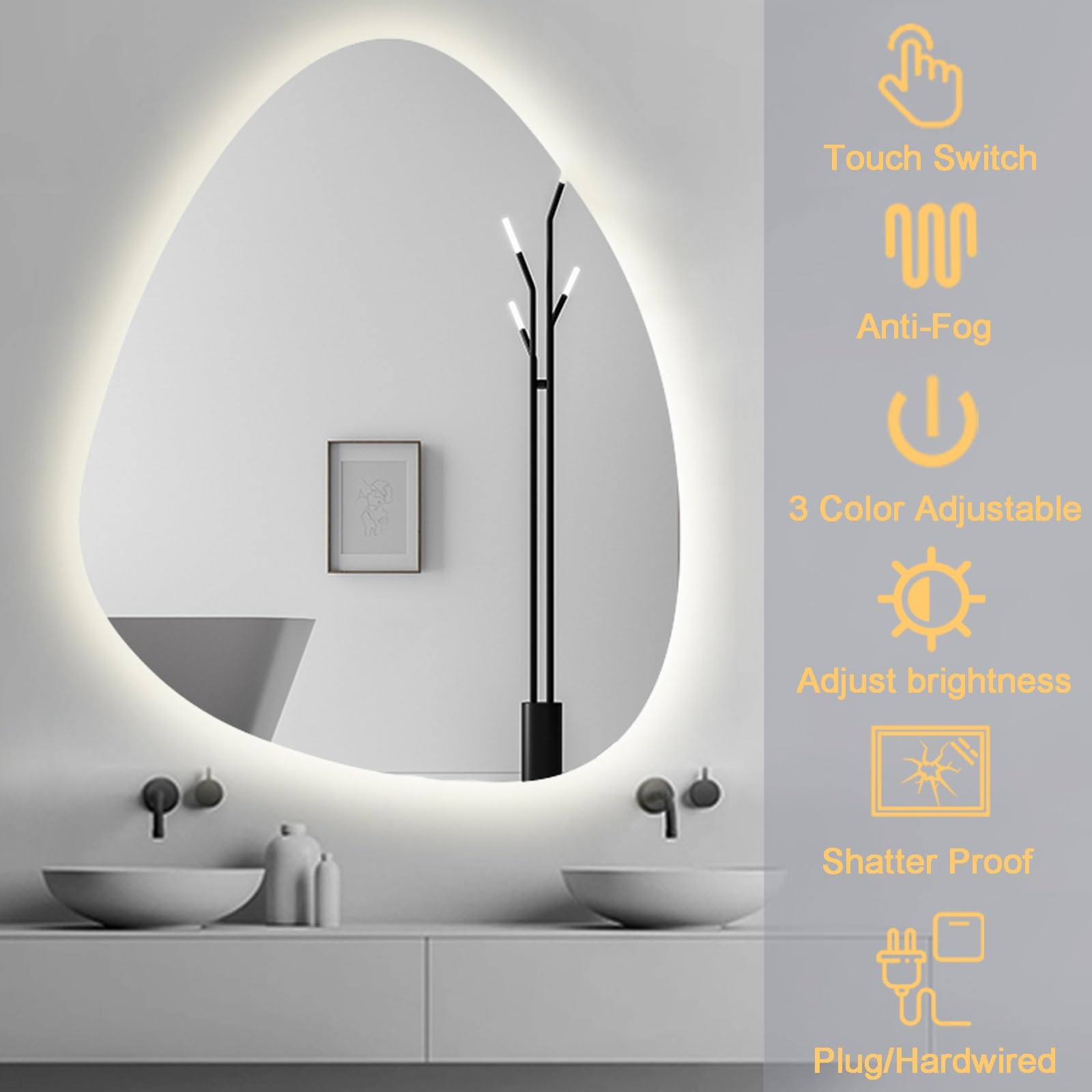 S'AFIELINA Miroir Rond Salle de Bain avec Éclairage 50 cm Miroir Mural LED avec Interrupteur Tactile Miroir de Salle de Bain Rond à Luminosité Réglable Blanc Froid 6500K IP44 Économie D'énergie