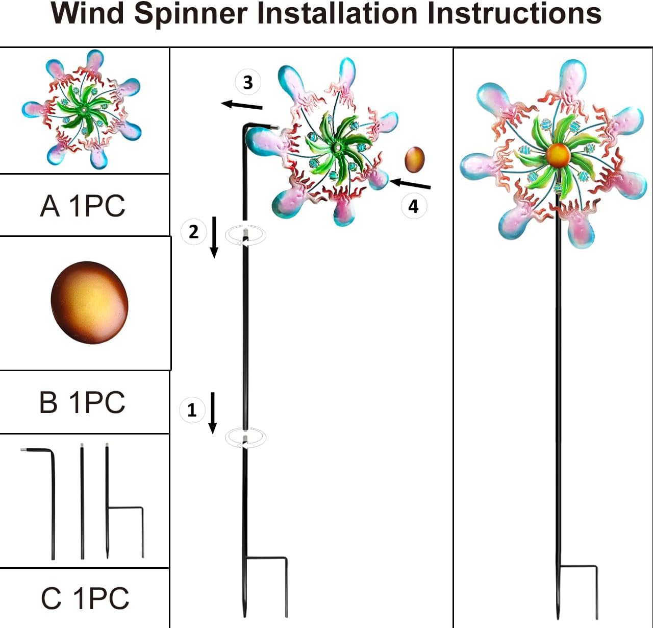 Outdoor Metal Wind Spinner, Durable Yard Art Wind Spinners Metal Wind Spinner for Patio Lawn Ornament, Vibrant Color Garden Spinners