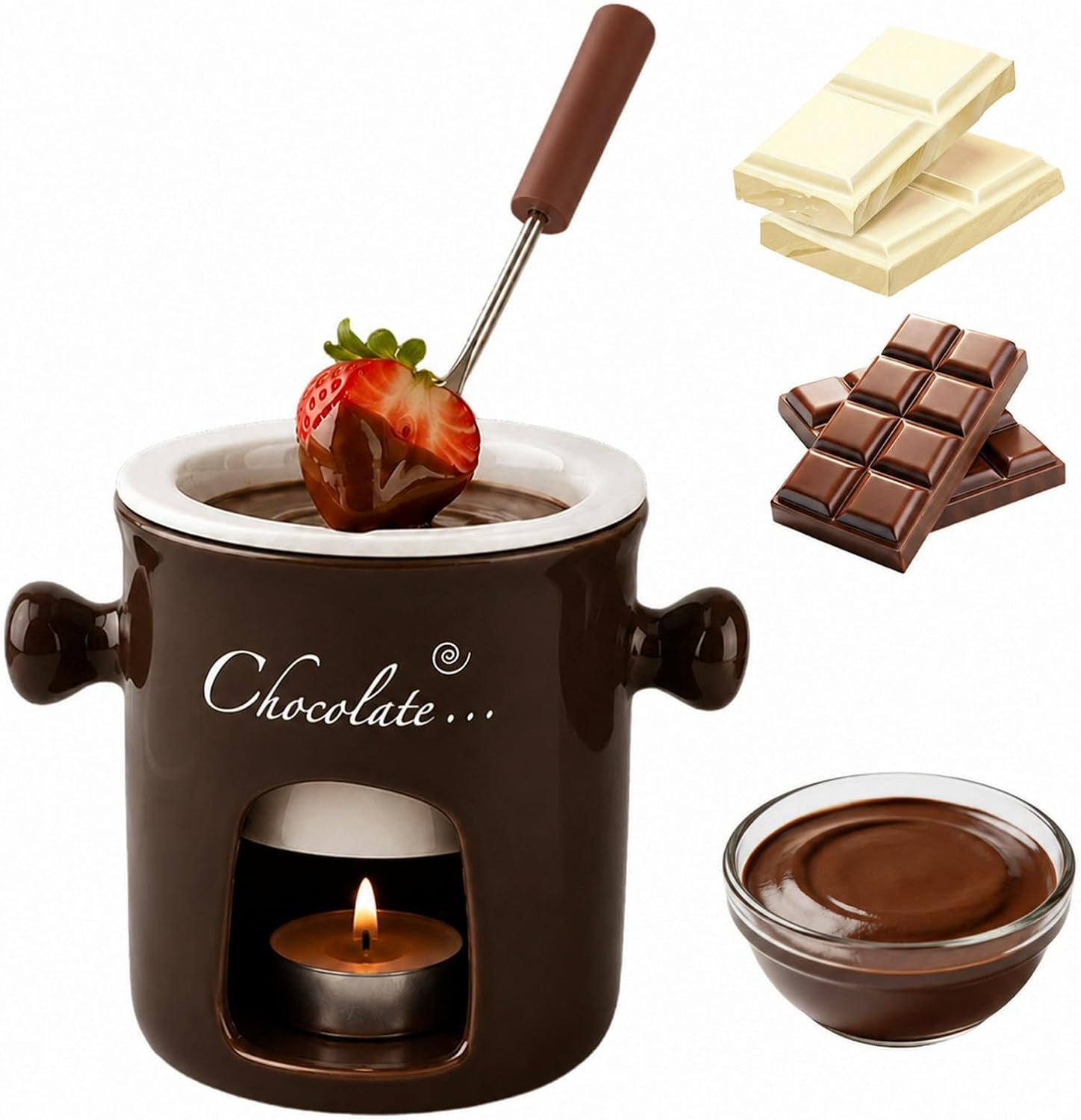 Mini Chocolate Fondue Mug, Ceramic Chocolate Melting Cup with Fork, Mini Chocolate Fondue Cups Set for Date Night, Home Dessert Time, Movie Nights and Wedding Gifts (Red)