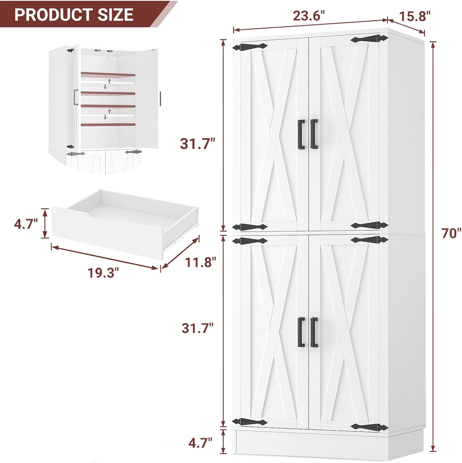 Diagram showing the dimensions of the Unikito 71-inch Tall Kitchen Pantry Storage Cabinet. Height is 70 inches, width is 23.6 inches, and depth is 15.8 inches. The drawer measures 19.3 inches wide, 11.8 inches deep, and 4.7 inches high.