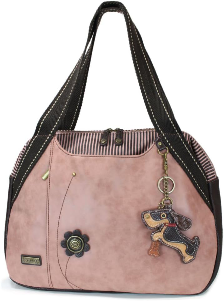Chala Handbags Dust Rose Shoulder Purse Tote Bag with Dog Key Fob/coin purse (Wiener Dog)