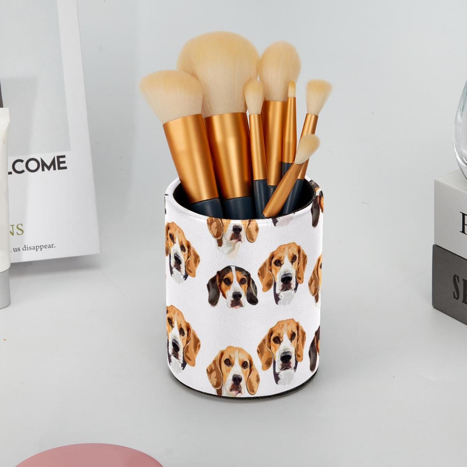 Famame Birds & Butterfly Tree Leather Pencil Holder - 2 Compartment Desk Organizer For Pens & Makeup Brushes