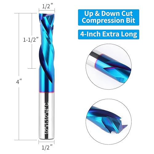 Miniatura 2 de Spiral Router Bits Up Down Compression Bit 1/2 inch Cutting Diameter with Nano Blue Coated, 1/2 inch Shank Solid Carbide CNC End Mill for Wood