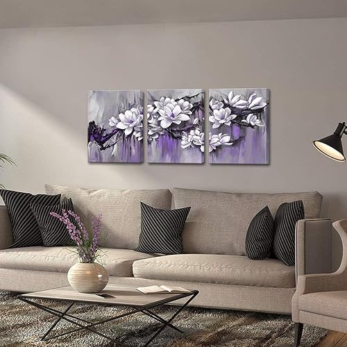 Miniatura 4 de FuShvre Pinturas de flores moradas en lienzo para pared, imágenes de magnolia, decoración de pared floral púrpura y gris para decoración de pared