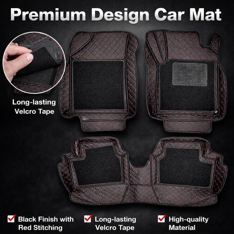 Image of 7D car mat Full Set for Mahindra XUV 7XO AX7 (7 Seater) || Luxury Leather Double Car Floor Mat Complete Set || 100% Waterproof and Washable || Color : Black-Red