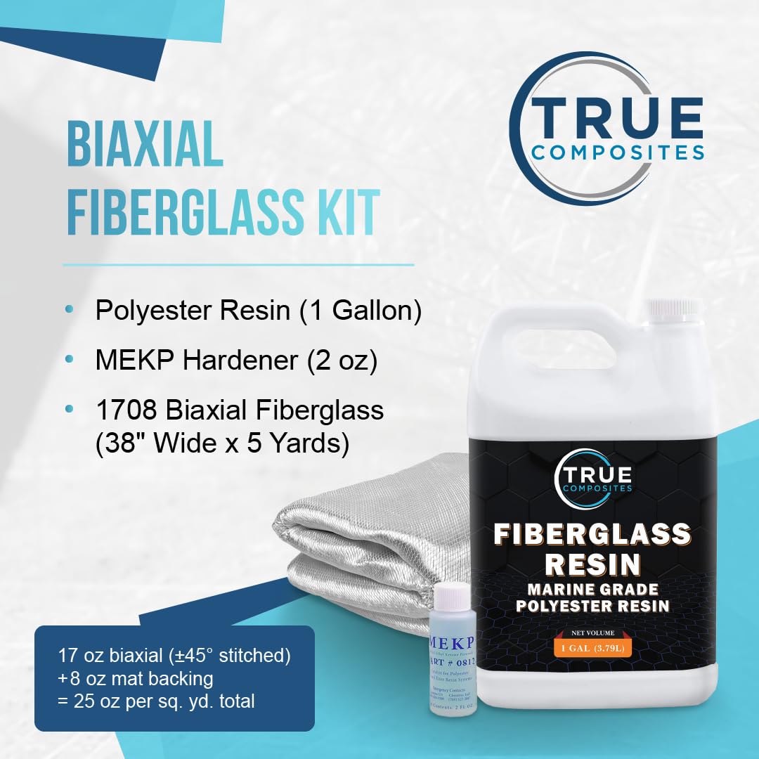 Polyester Resin with 1708 x 38" x 5 Yards Fiberglass, MEKP Hardener, Laminating Repair Kits-Great for Boats, Car Exterior, Canoe, Surfboard, Non-Tacky Finish (1 Gallon kit, 2oz MEK-P)