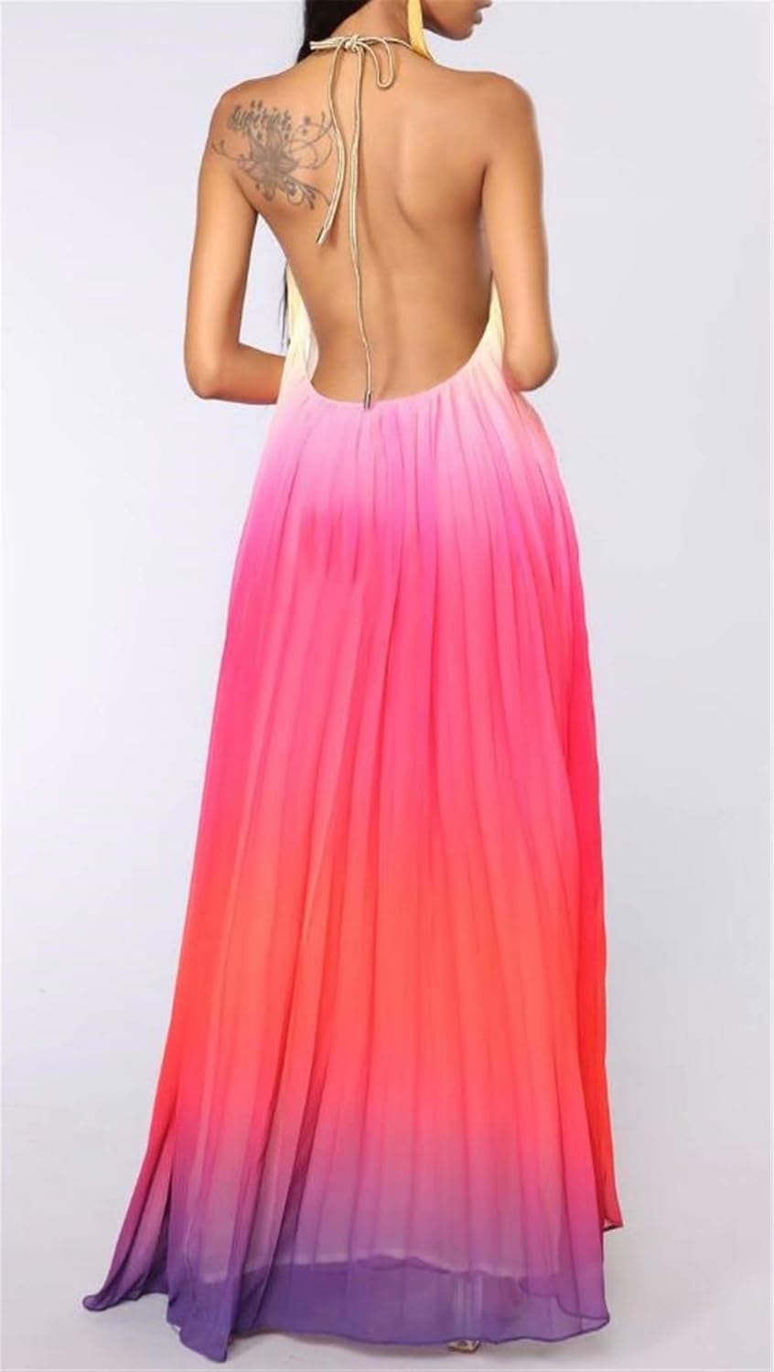 TAOHONG Summer Dresses for Women Gradient Halter Backless Fashion Beach Long Dress Red