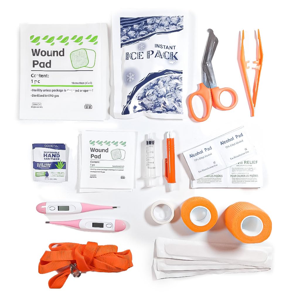 Erste-Hilfe-Set für Hunde und Katzen – komplettes Set mit Schere, Bandagen, Wundauflagen, Thermometer, Pinzette, Notfallhalsband und Tragetasche – Professionelles medizinisches Set für Haustiere