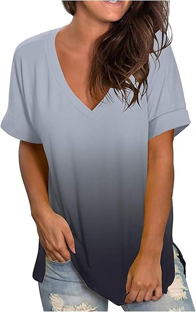 Amazon.com: Camisetas de verano para mujer, cuello en V, manga corta, estilo  degradado, camisetas suaves casuales con bolsillo : Ropa, Zapatos y Joyería