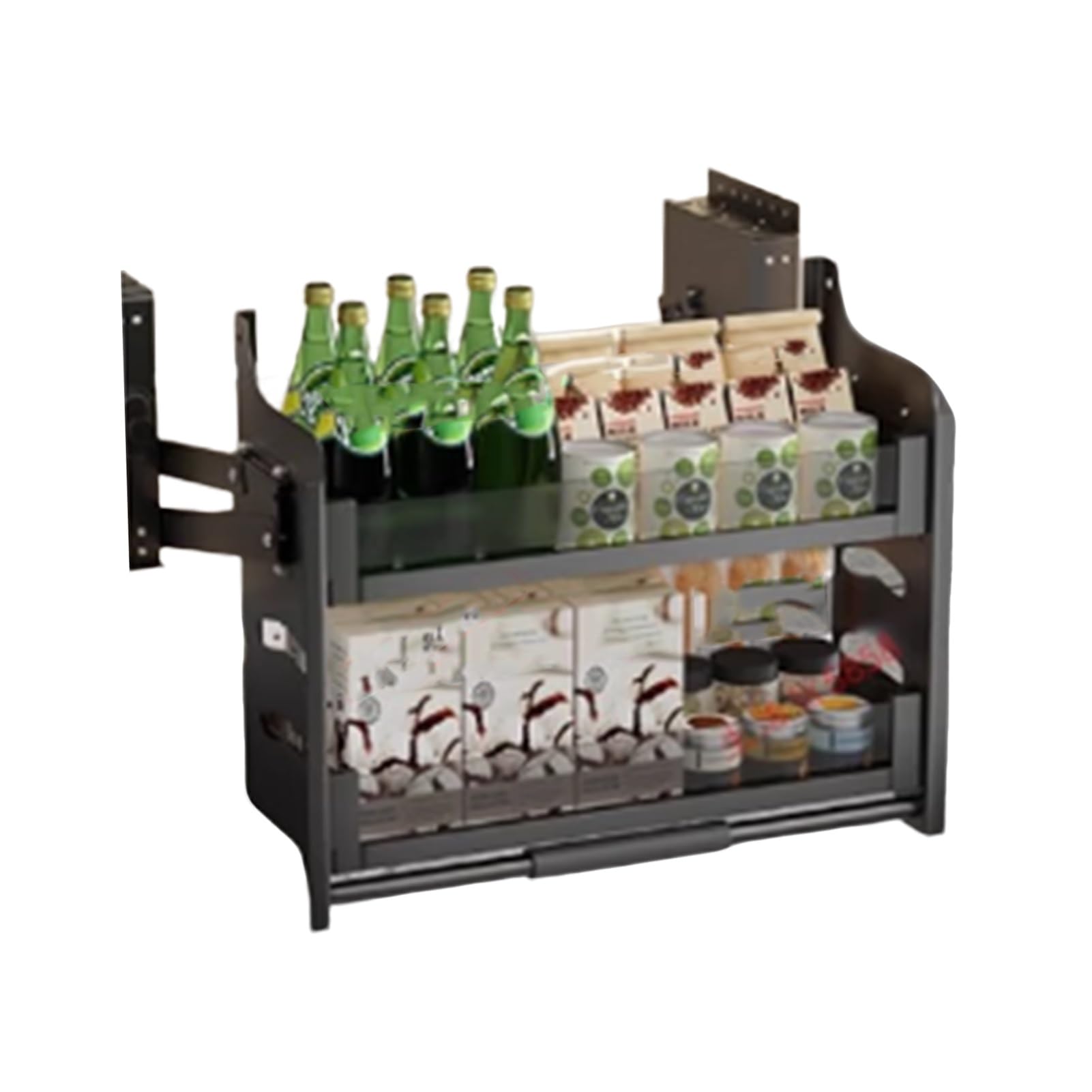 IUokLU Heavy Duty Aluminum Alloy Dual Tier Pull-Out Cabinet Shelf, Easy Install Sliding Basket for Tall Pantry Upper Cabinets - Space-Saving Storage Solution(560-590mm)