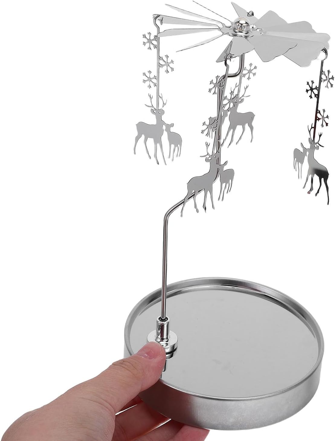 Rotating Stainless Steel Candle Holder with Eyecatching Ornament and Carousel Design, Silver Party Candle Holder for Christmas Home Decoration and Holiday Centerpiece