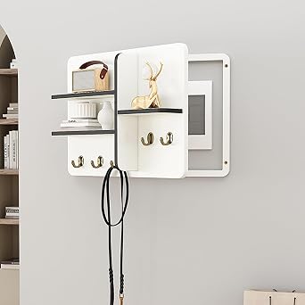 Decorative Fuse Box Covers, Hide Electrical Panel Decoration Wall Mounted, Wooden with Shelf & Hooks, Adapts to Different Interior Decoration StylesWhite 2,50 * 40cm/20 * 16in