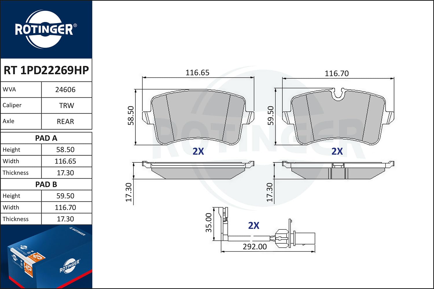 Klocki hamulcowe ROTINGER (Tył) RT 1PD22269HP, ECE R90, Komplet 4 sztuk