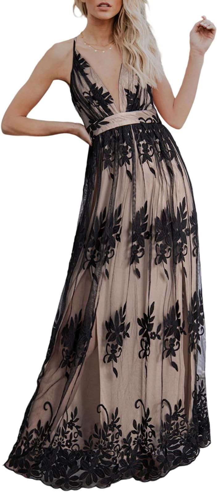 DokotooWomens Formal Dresses Deep V-Neck Embroidered Lace Mesh Evening Party Prom Dress Long Wedding Dress