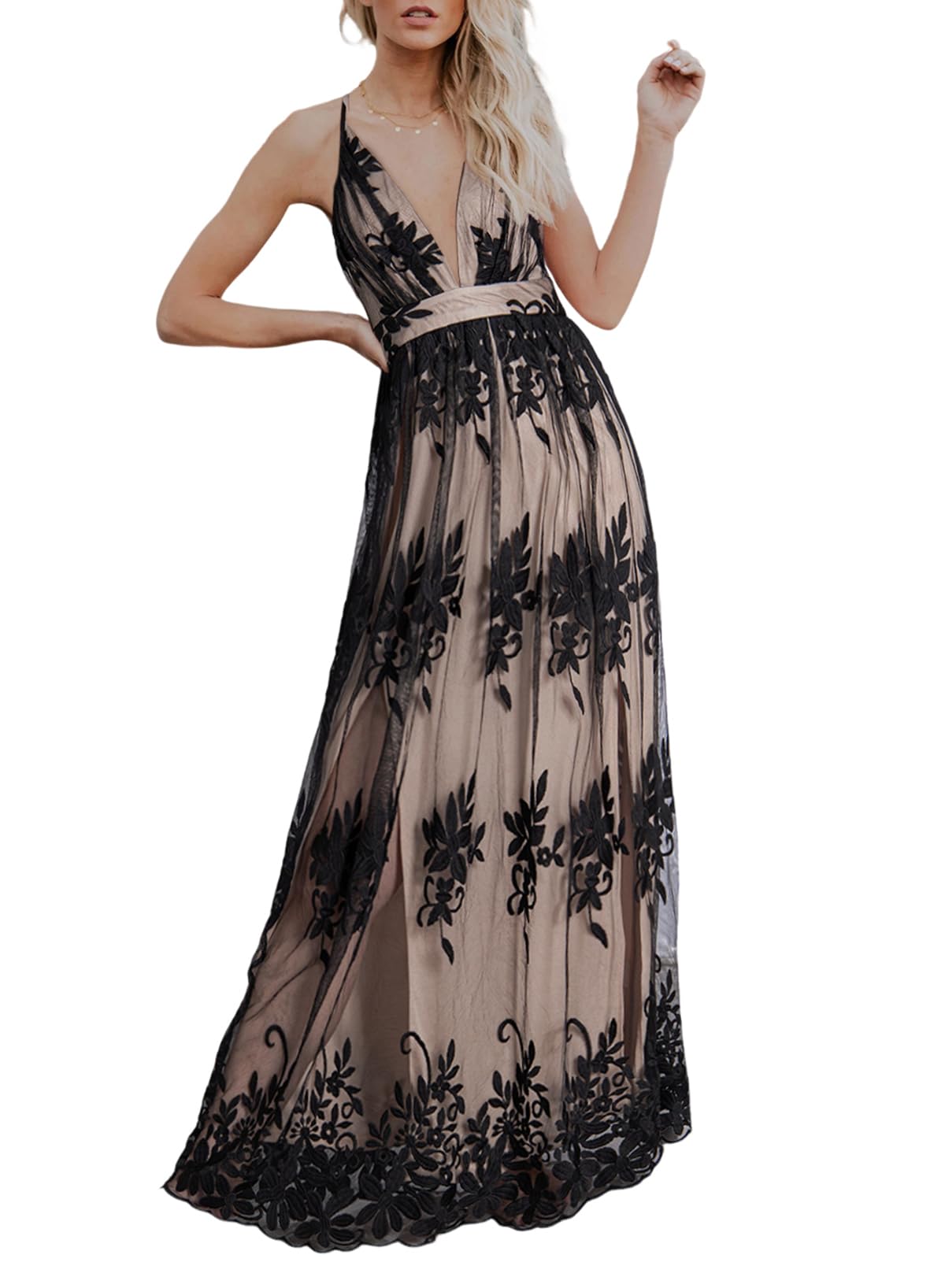 DokotooWomens Formal Dresses Deep V-Neck Embroidered Lace Mesh Evening Party Prom Dress Long Wedding Dress