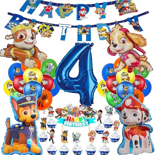 Décoration Anniversaire Pat' Patrouille, Ballon Anniversaire 4 Ans Garçon, Bannière et Cupcake Toppers Déco Enfant (Numéro 4)