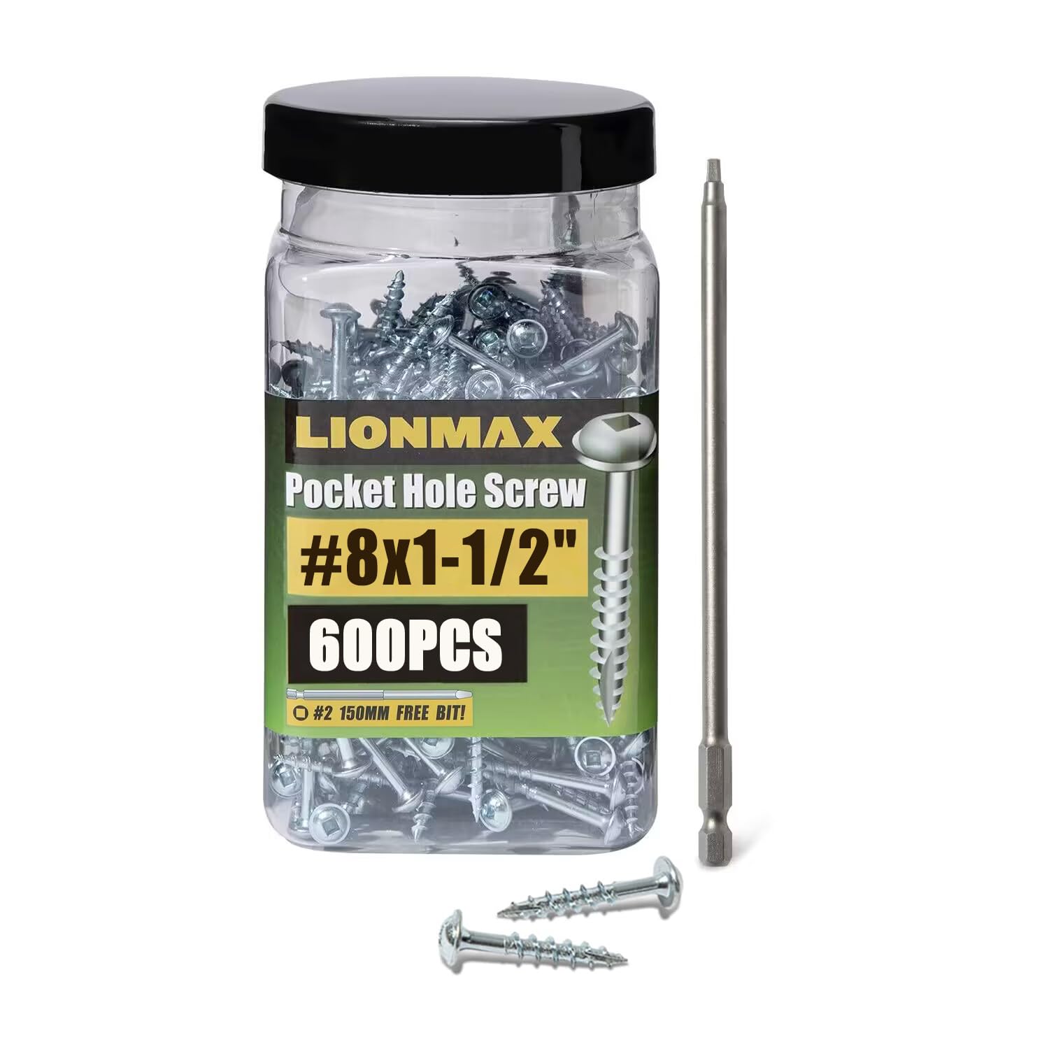 LIONMAX #8 x 1-1/2" Pocket Hole Screws, 600PCS Wood Screws Square Drive, Coarse Thread, Washer Head, Self Tapping