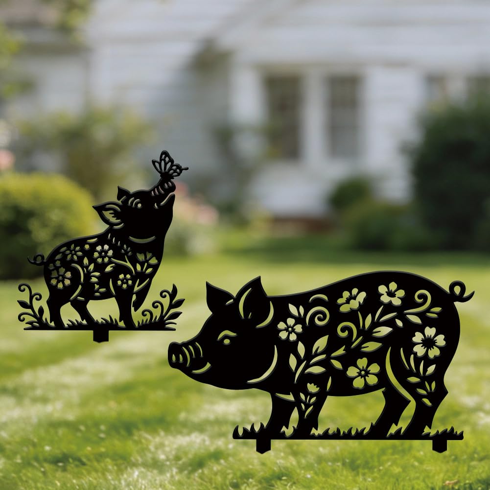 SUPERDANT 2PCS Flower Pattern Pig Garden Stakes Decor Animal Outdoor Plaque Ornament Black Silhouette Outdoor Decor Courtyard Lawn Patio Yard Decorative Art Housewarming Gifts