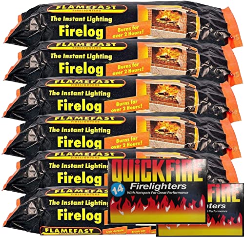 Flamefast Instant Light Smokeless Fire Logs Case of 12 Logs with 2 Quickfire Pack of 14 Firelighters - Exclusive Package by PERFECTONISH