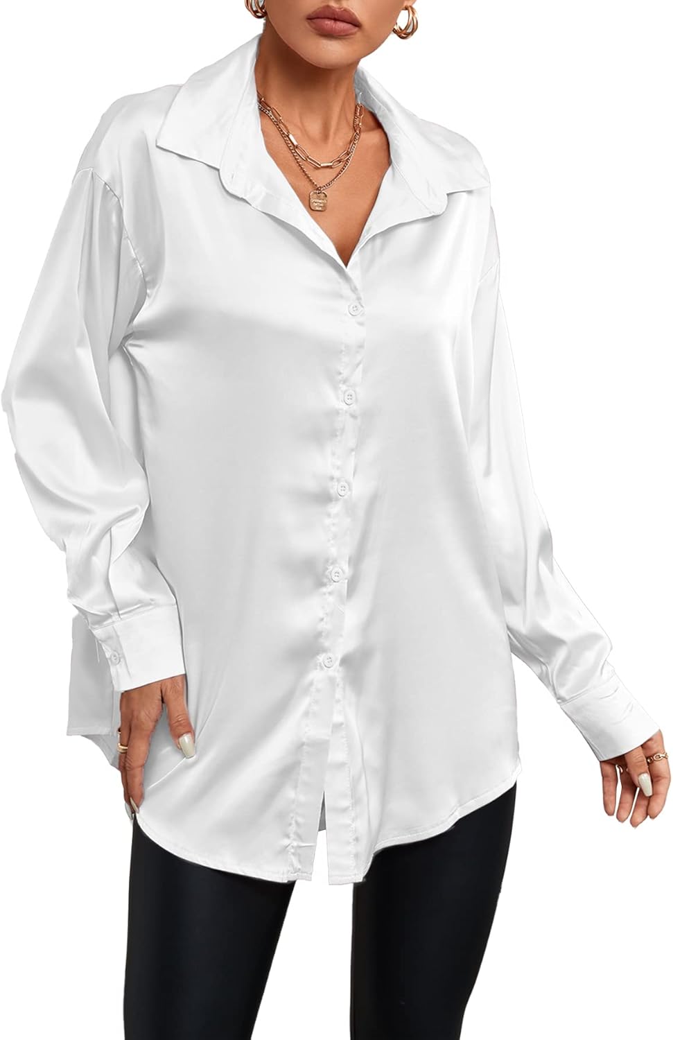 LYANER Women's Satin Silky Loose Turn Down V Neck Long Sleeve Button Blouse Shirt Top - Image 2
