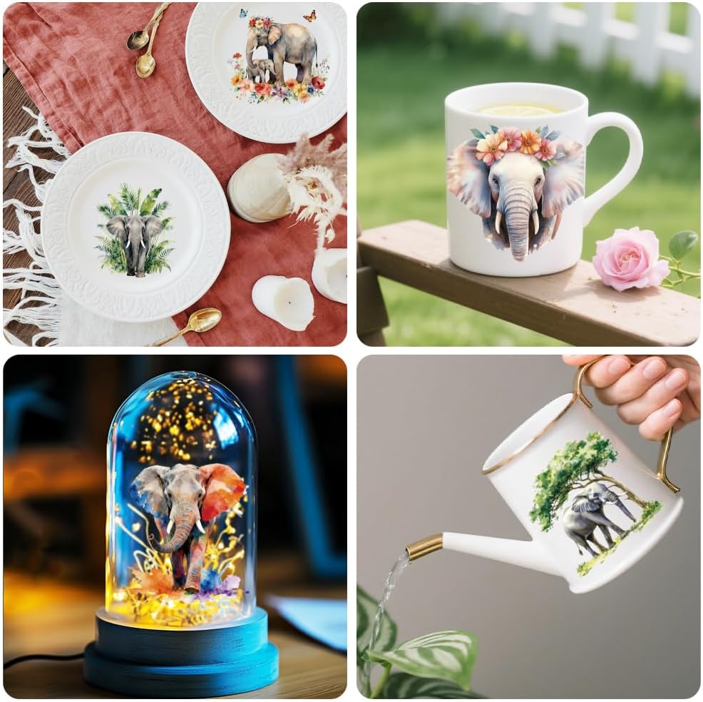 Peacoblue 18 Sheets Rub on Transfers for Crafts, Elephants with Green Plants and Flowers 3.6"x3.9" UV DTF Cup Wraps Waterproof Cold Transfers Stickers for Wood Glass Cup Tumblers Mirrors Mugs Decor