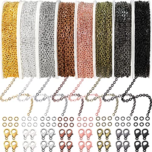 Jishi 80ft Necklace Chains Jewelry Making Chain Link Rolls Bulk 2mm - Bracelet Earring Necklace Craft Supplies DIY Jewelry Making Findings 8-Colors Gold Silver Copper Plated Metal Rolo Cable Chains
