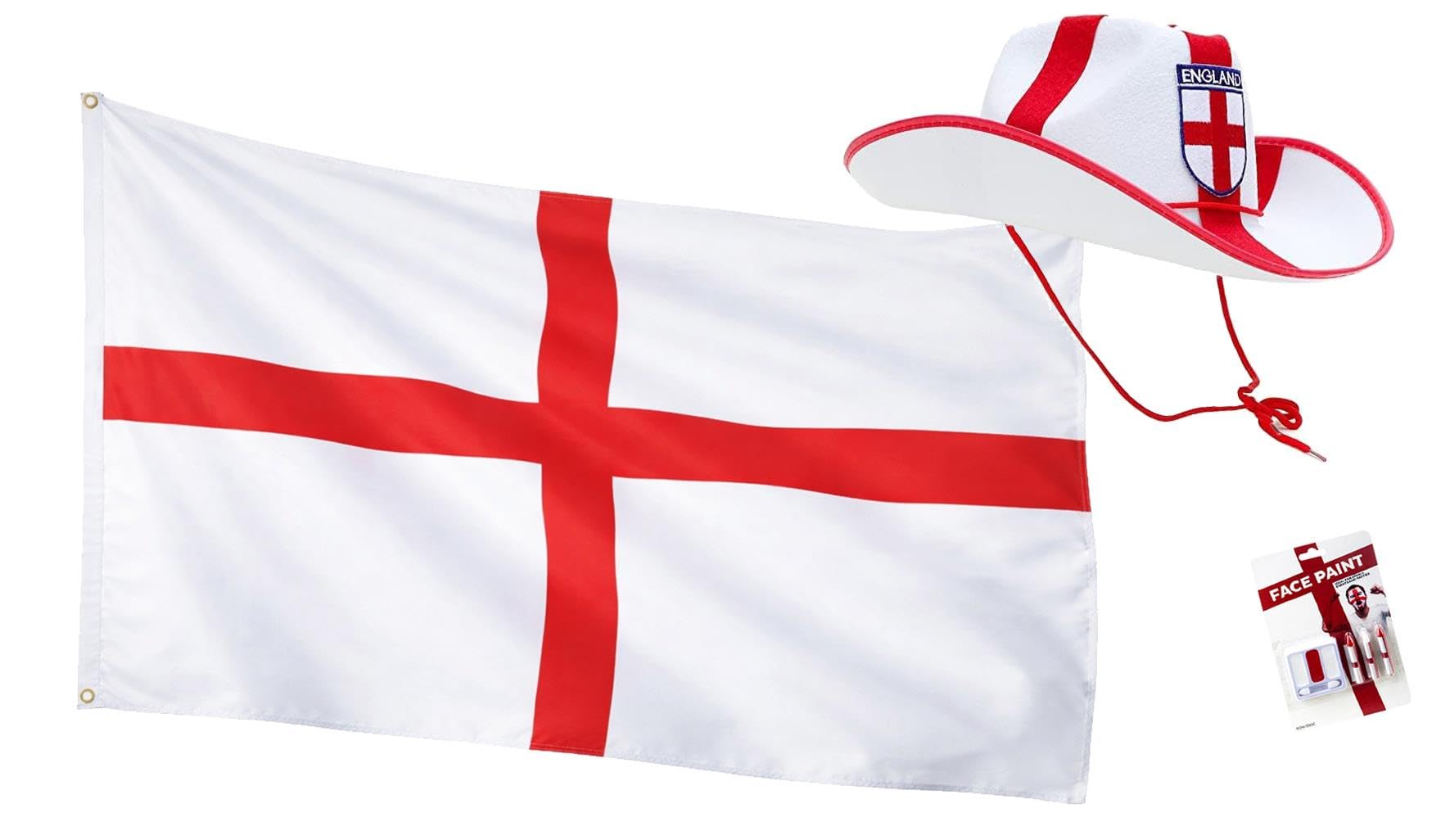 The Dragons Den Adults England St George Cross Cowboy Hat Face Paint & 5ft x 3ft Flag Patriotic Supporters Fancy Dress Kit [x1]