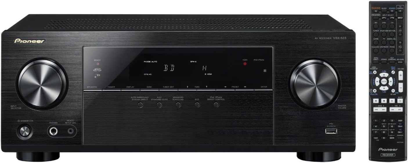 Pioneer VSX-523 A/V Receiver front view with remote control