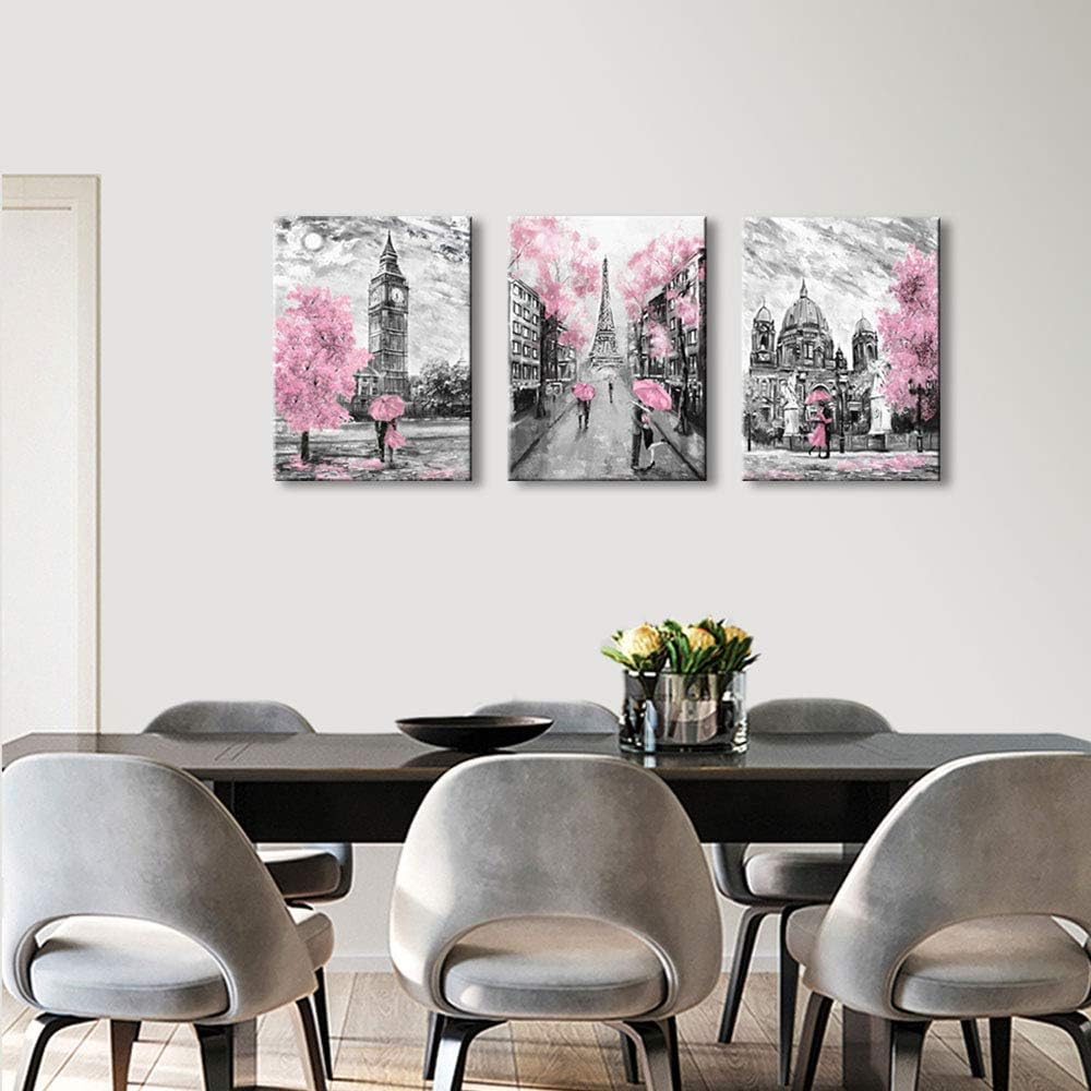 Black and White Canvas Wall Art for Living Room Bedroom Bathroom Girls Pink Paris Theme Room Decor Oil Painting Print London Big Ben Tower Eiffel Painting for Wall Decor Pink