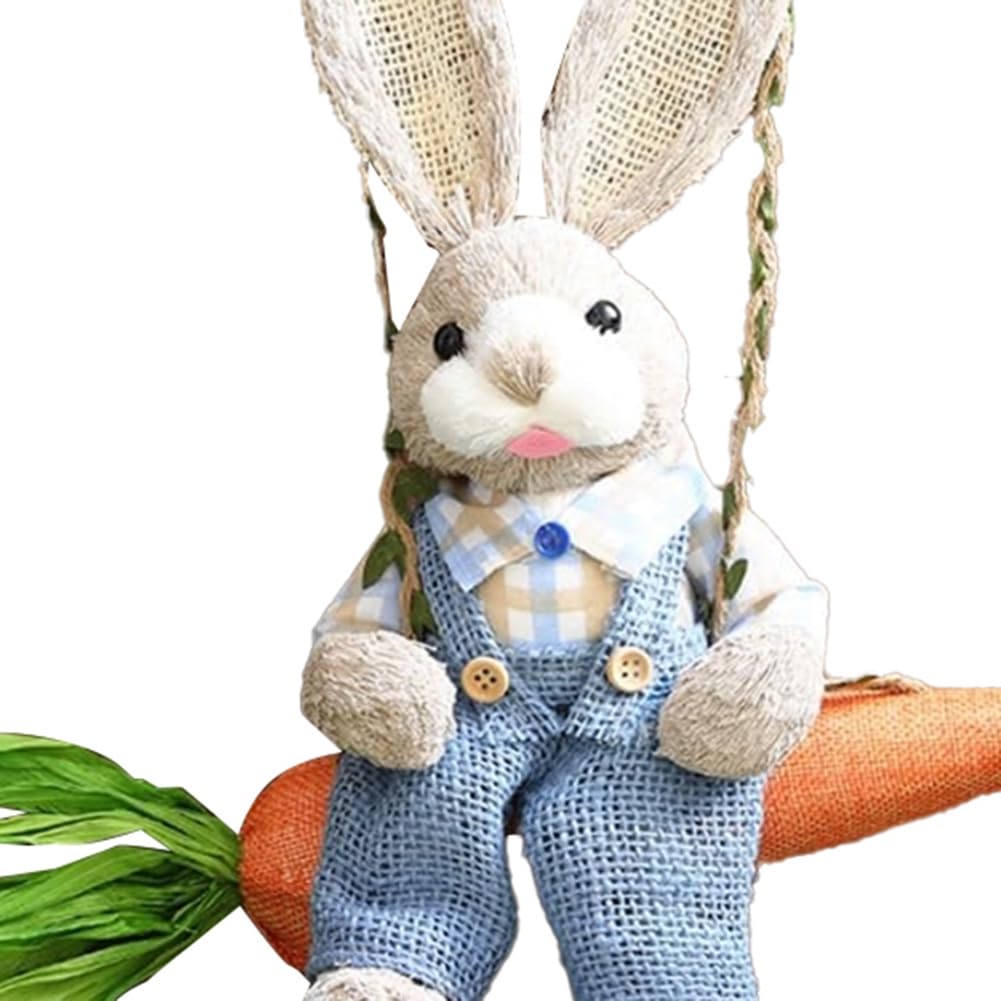 Kissmii Figurine de lapin de paille de Pâques sur balançoire de carotte, statue de lapin à suspendre, ornement pour vacances, décoration d'intérieur